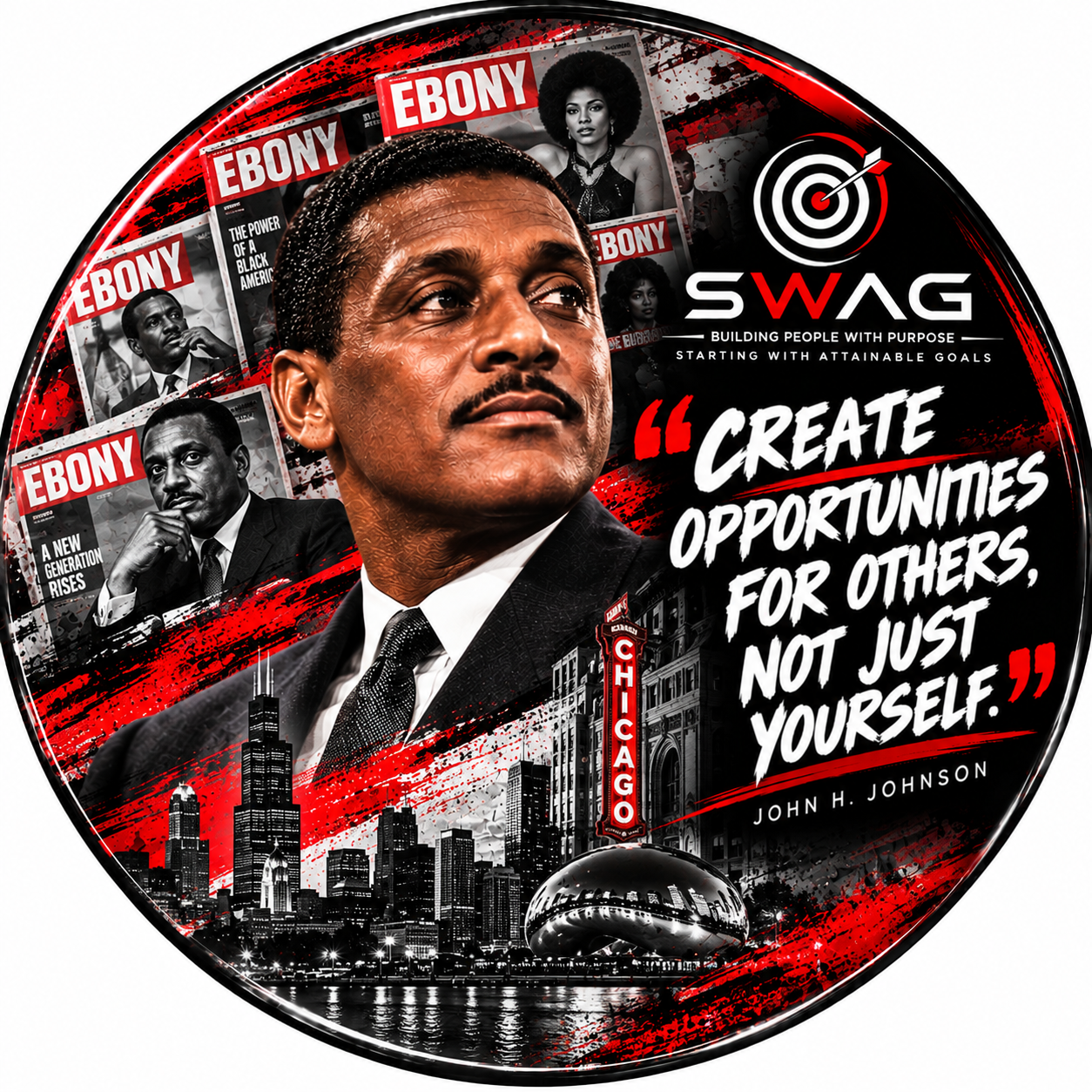 Business Leaders button featuring John H. Johnson with the quote, Create opportunities for others, not just yourself.