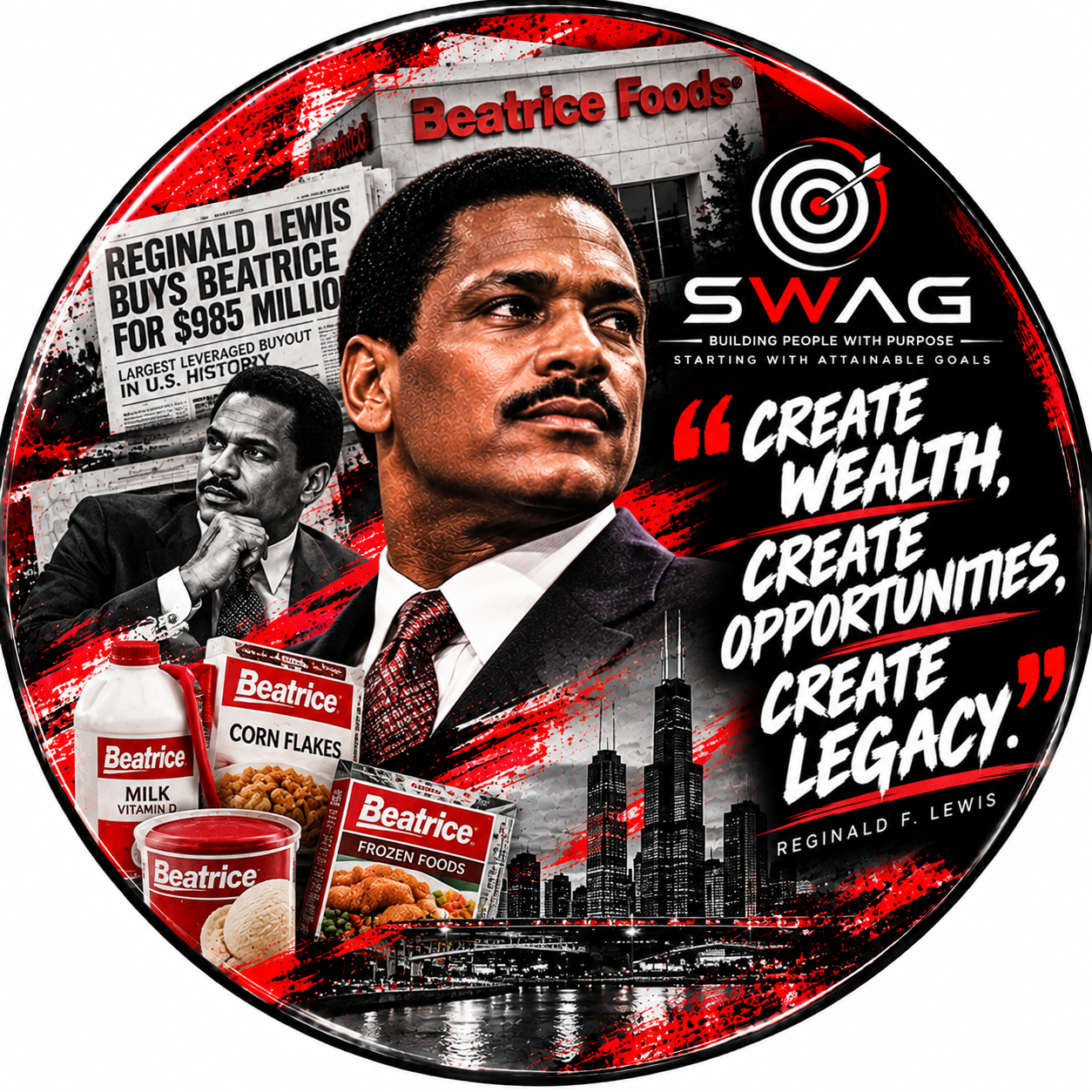 Business Leaders button featuring Reginald F. Lewis with the quote, Create wealth, create opportunities, create legacy.