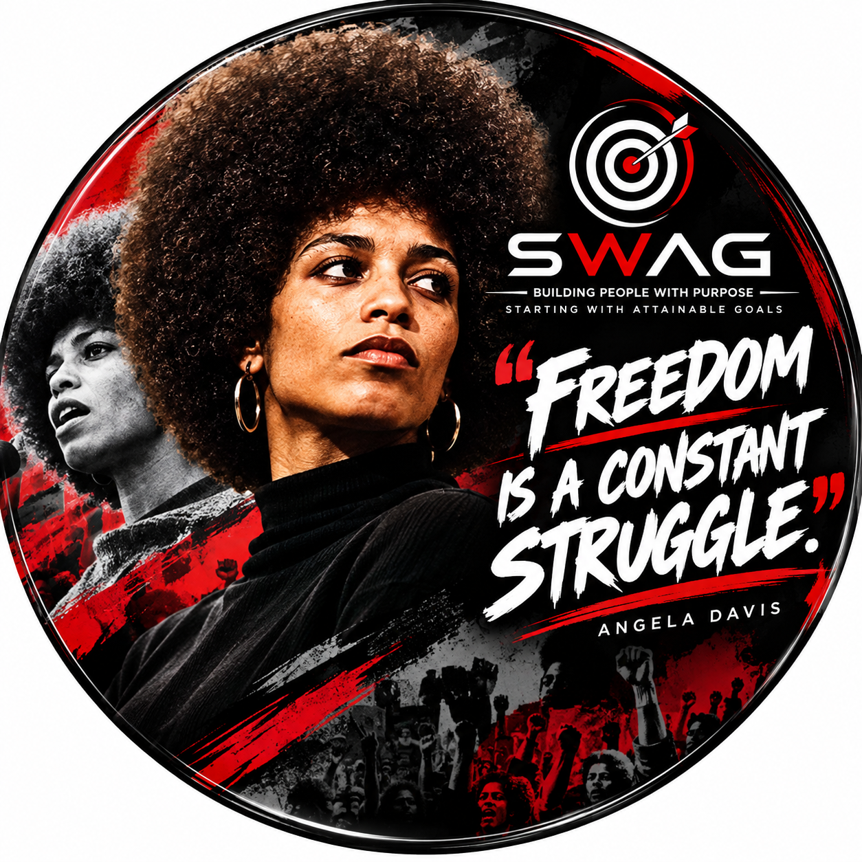 Civil Rights Leaders button featuring Angela Davis with the quote, Freedom is a constant struggle.