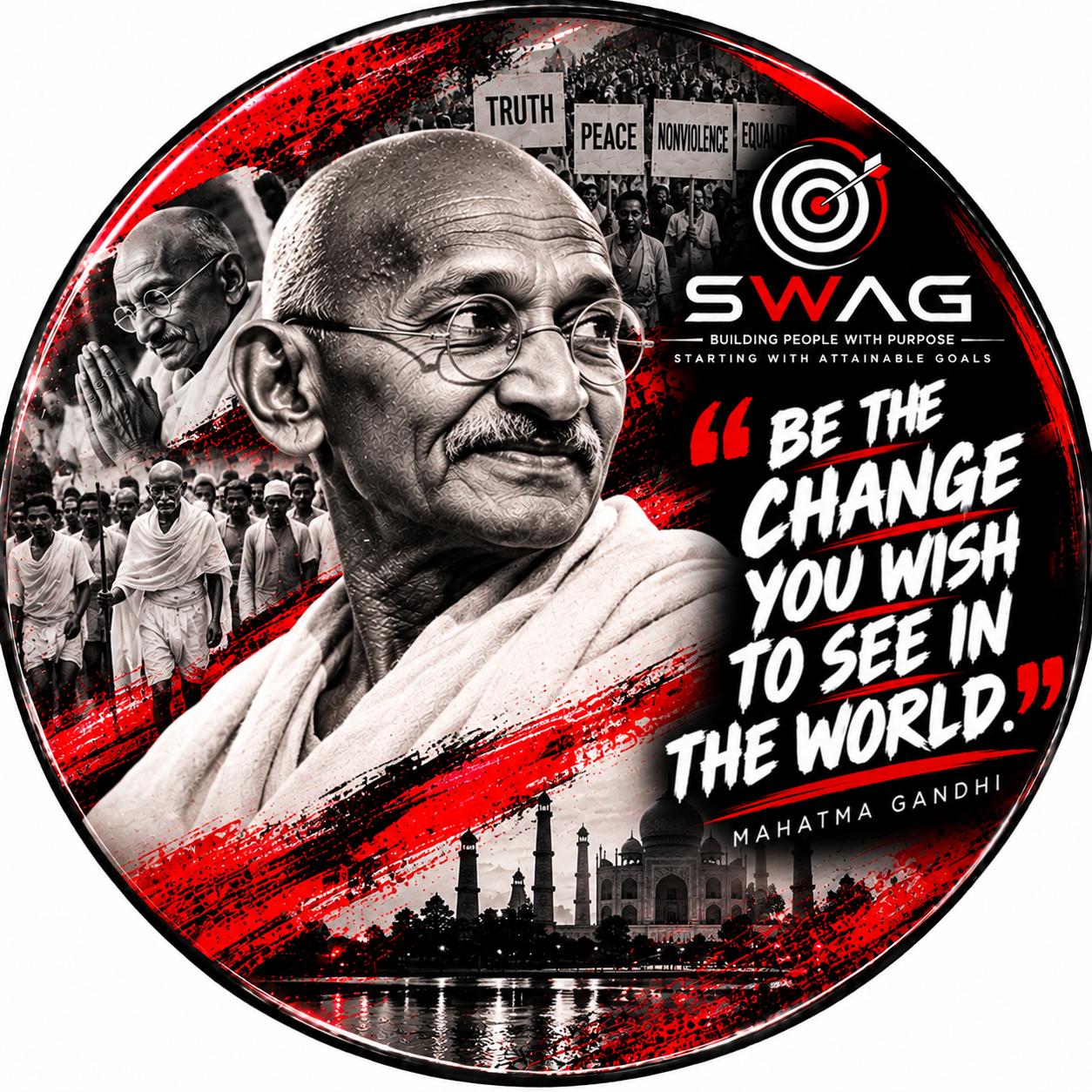 Civil Rights Leaders button featuring Mahatma Gandhi with the quote, Be the change you wish to see in the world.