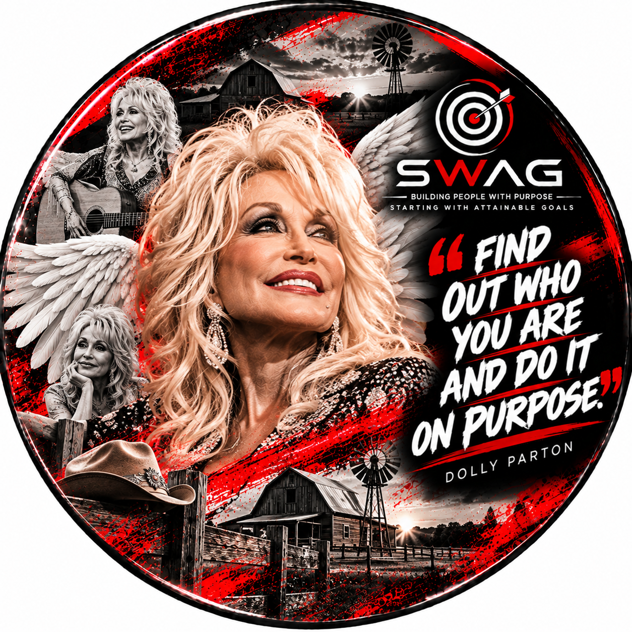 Feminist Icons button featuring Dolly Parton with the quote, Find out who you are and do it on purpose.
