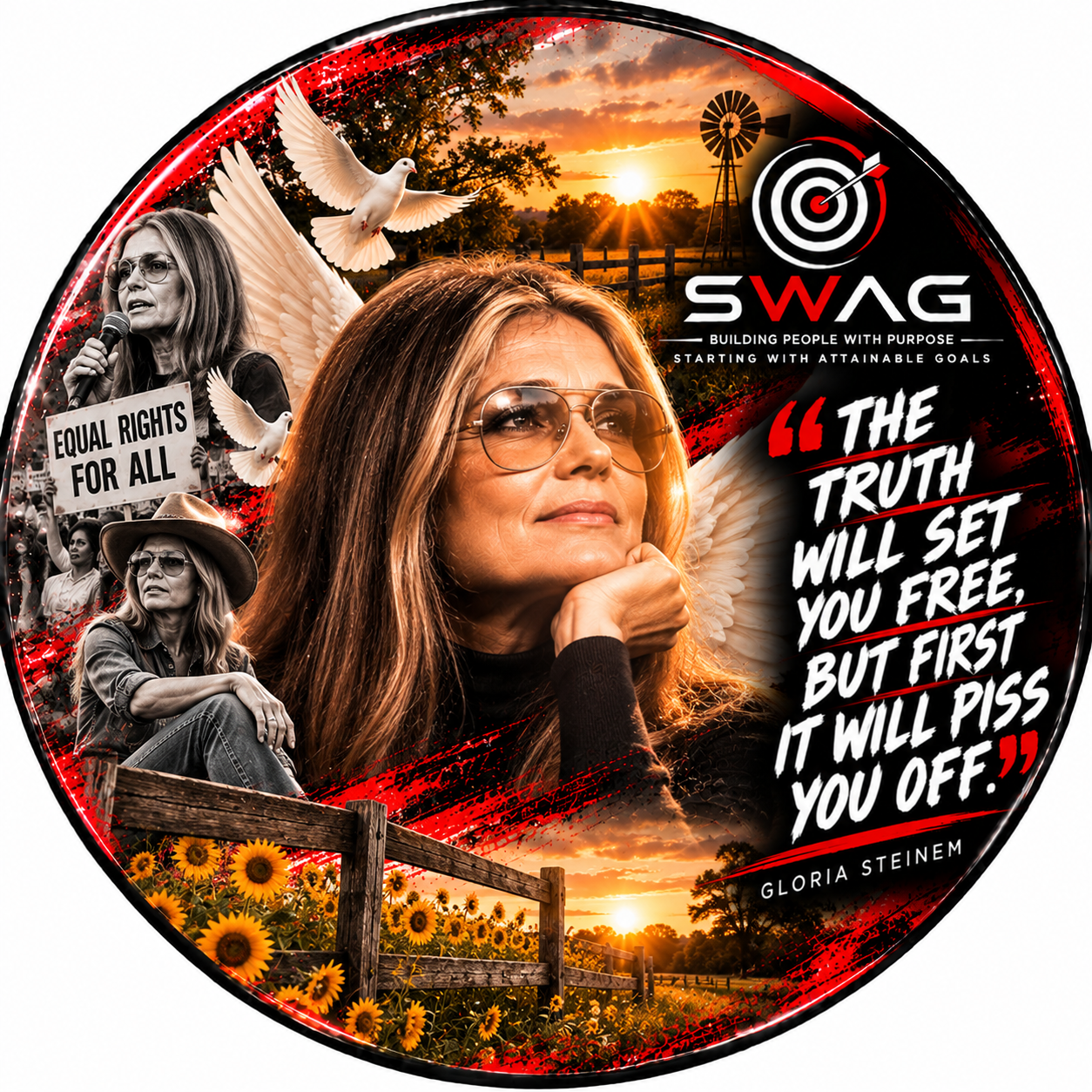 Feminist Icons button featuring Gloria Steinem with the quote, The truth will set you free, but first it will piss you off.