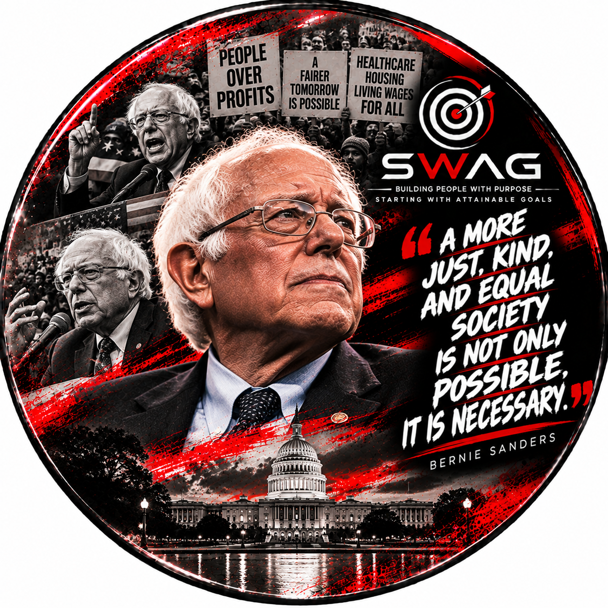 Political Leaders button featuring Bernie Sanders with the quote, A more just, kind, and equal society is not only possible, it is necessary.