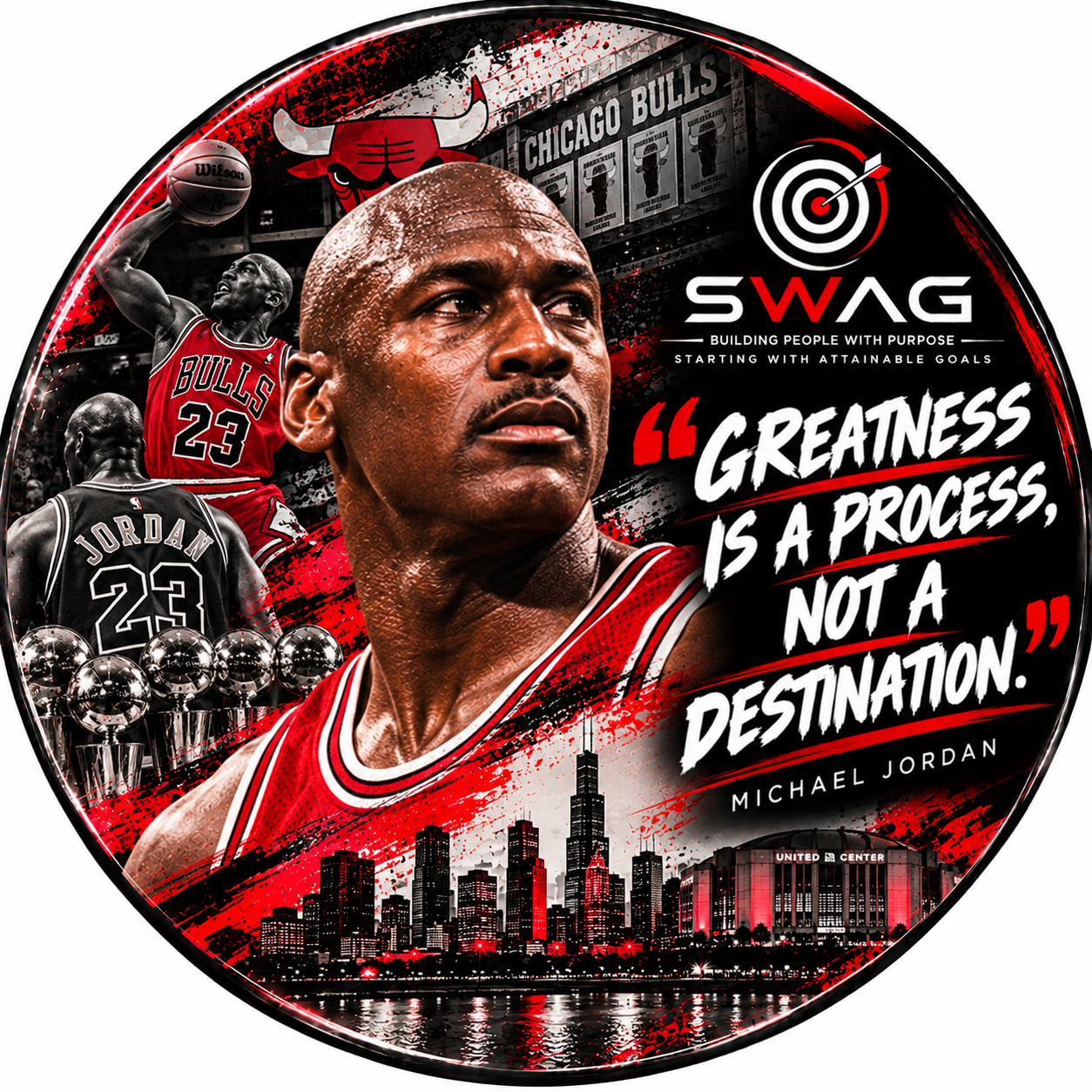 Sports Leaders button featuring Michael Jordan with the quote, Greatness is a process, not a destination.