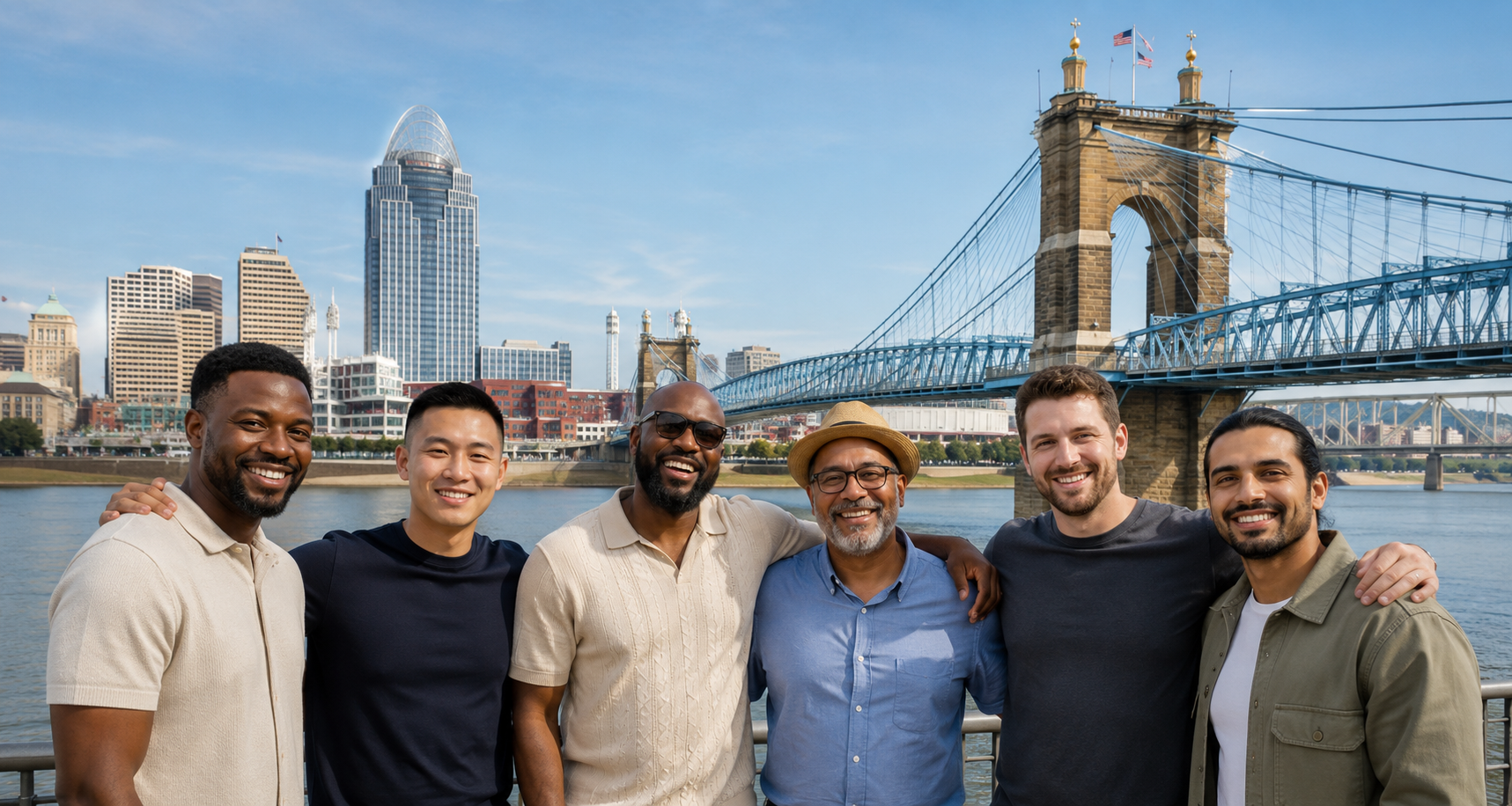 A group of men smiling together in front of the Cincinnati skyline and Roebling Suspension Bridge