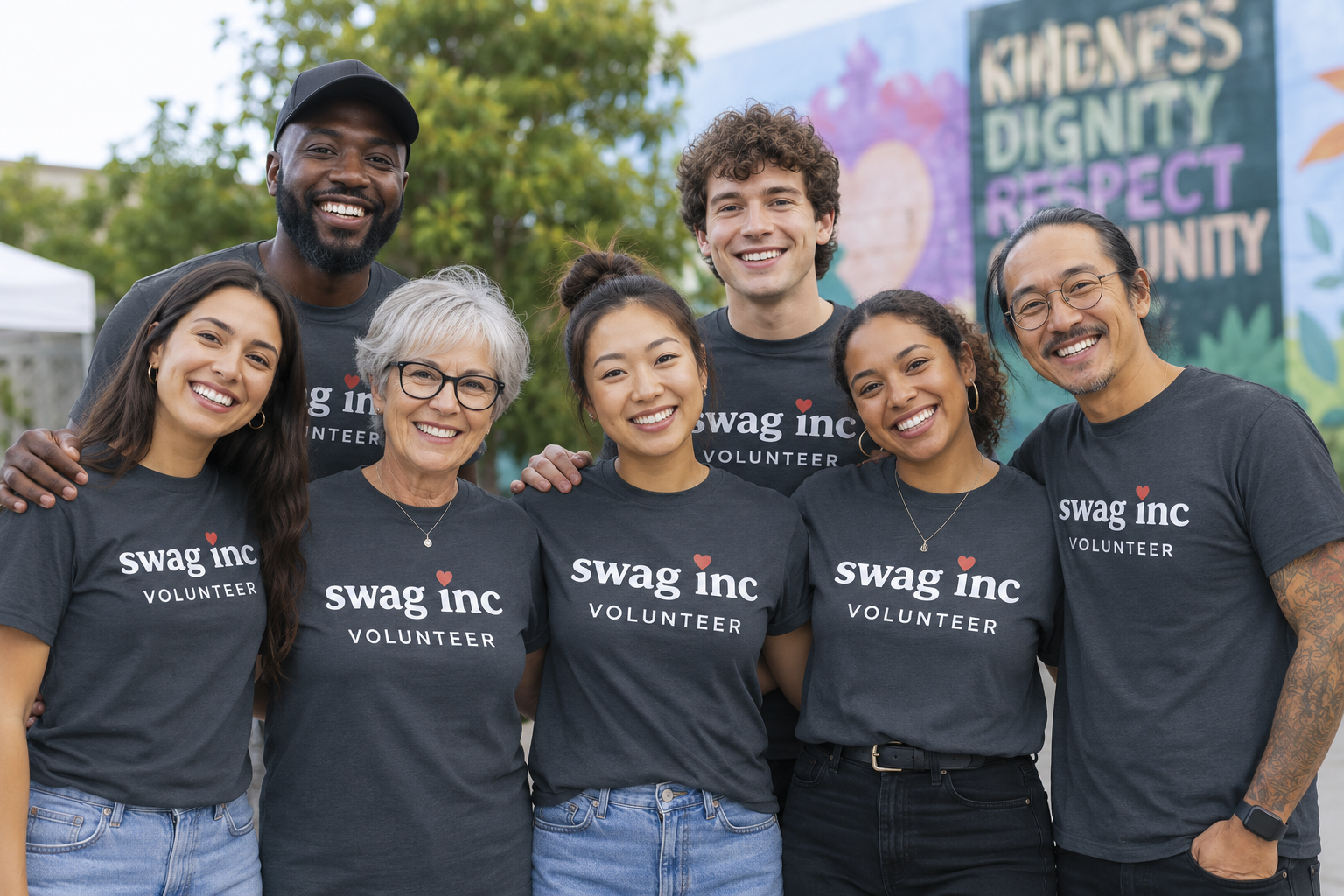 A group of smiling SWAG, INC volunteers wearing SWAG INC volunteer t-shirts